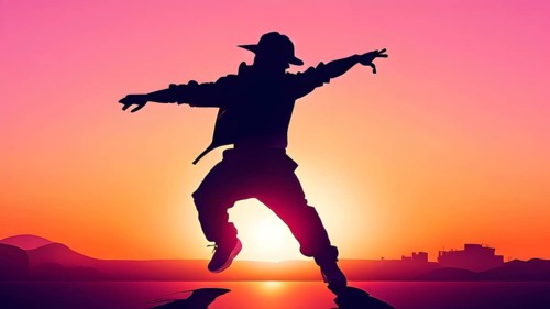 Illustration of a breakdancer silhouette in calm harmony bathed in the breathtaking palette of a