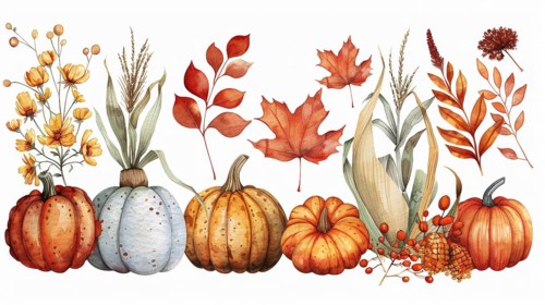 Watercolor illustration of pumpkins, autumn leaves, flowers, corn, and berries in warm autumn