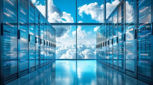 Cloud services concept and server farm supporting cloud applications for enterprise clients, AI
