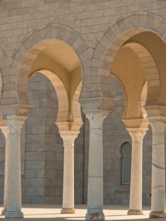 Beautifully curved sandstone arcades with finely carved columns, Tunis in Africa with ruins from