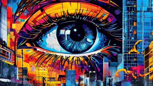 Illustration mosaic collage of an abstract detailed eye morphing into urban cityscape, AI generated