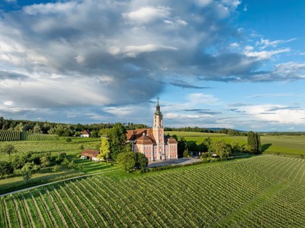 Aerial view of the pilgrimage church Birnau on Lake Constance, Uhldingen-Muehlhofen, Lake Constance