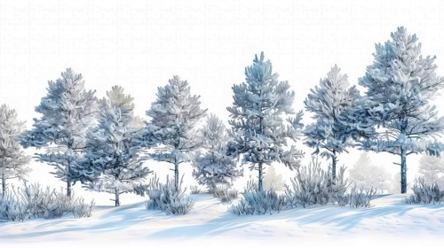Row of snowy pine trees in a serene winter landscape, depicted in a calm and cold watercolor style,