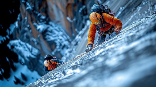 Mountain climber with full equipment climbing, ai generated, AI generated