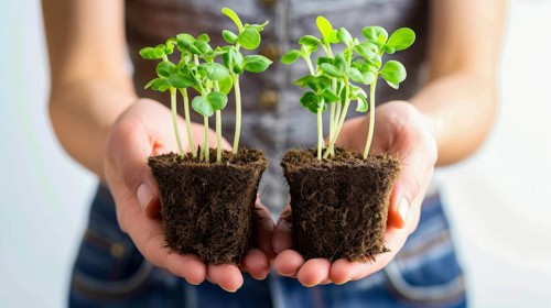 Two hands holding small seedlings in soil, signifying growth and nurturing