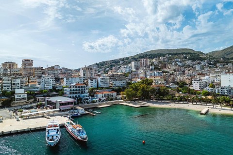 Saranda from a drone, Albanian Riviera, Albania, Europe