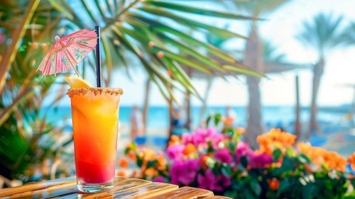 Tropical fruit cocktail decorated with an umbrella against the background of a sunny beach, AI