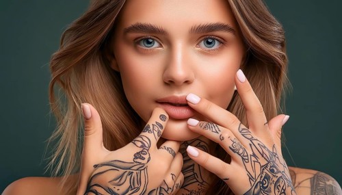 Young girl with tattoos on her hands and fingers, holding her hands to her face. The background is