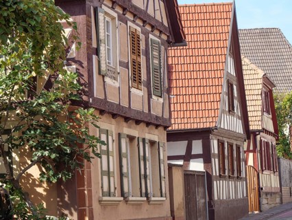Row of traditional half-timbered houses along a narrow alley on a sunny day, historic half-timbered