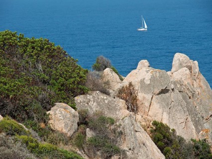 Natural coast with large rocks and bushes and a sailing boat in the sea, Corsica, Ajaccio, France,