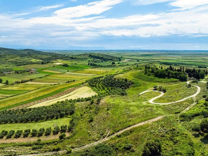Fields over Apollonia Archaeological Park from a drone, Pojan, Albania, Europe