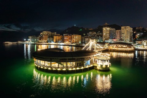 Pier and Promenade in Durres from a drone at night, Adriatic Sea, Albania, Europe