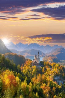 Neuschwanstein Castle in autumn, behind Alpsee, Schwangau, Ostallgaeu, Allgaeu, Swabia, Upper