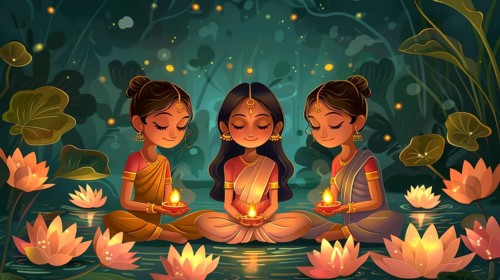 Three women meditating with oil lamps in a peaceful lotus-filled nighttime setting, AI generated