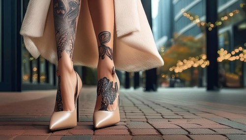 Woman shows leg tattoos and wears bright high heels on a modern city backdrop with lights, AI
