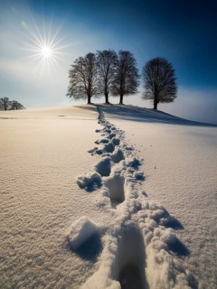 Footprints in fresh snow on a hill with a row of trees in winter, backlight, AI generated, AI