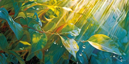 Abstract digital painting embodying sustainability with intertwining leaves glisten with water