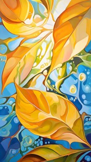 Abstract digital painting embodying sustainability with intertwining leaves glisten with water