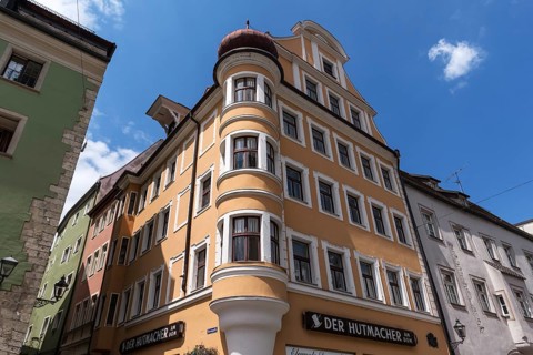 Historic town house with round bay window, Regensburg, Upper Palatinate, Bavaria, Germany, Europe
