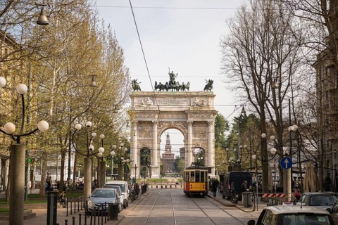 The Peace Gate, Arco della Pace, and Sforza Castle in City of Milan, Lombardy, Italy, Europe