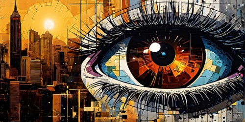 Illustration mosaic collage of an abstract detailed eye morphing into urban cityscape, AI generated