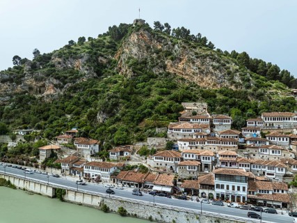 Berat from a drone, Osum River, Albania, Europe