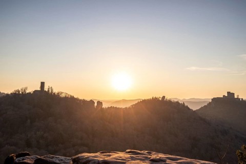 View of Trifels Castle, from Engels Landing rock, with the young tower in autumn at sunset.