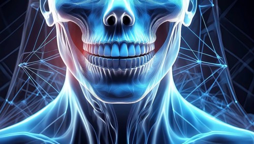 Frontal view of a skull and neck in an X-ray image with visible bone structures, AI generated, AI