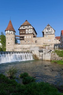 Zollernschloss Balingen on the Eyach, weir, barrage, Balingen, Baden-Wuerttemberg, Germany, Europe