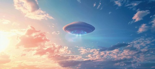 A large, glowing, alien shaped UFO saucer object is flying. UAP, Unexplained Aerial Phenomena, AI