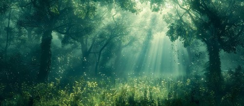 A tranquil and dense forest scene illuminated by soft sunlight that pierces through the thick