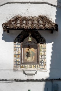 Madonna painting on a house wall, Arcos, Andalusia, Spain, Europe
