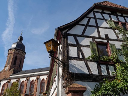 A half-timbered house with green ivy next to a church with gothic architecture and a tower in the