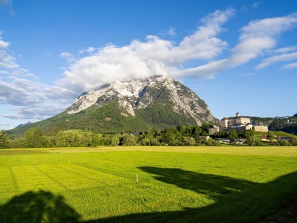 Grimming mountain range, Trautenfels Castle in the morning light, near Irdning, Styria, Austria,