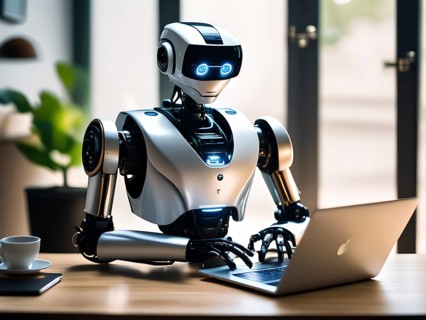Android, robot writing on a laptop in the home office, symbolic image artificial intelligence