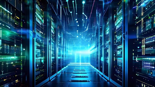 Server racks aligned in rows within a cloud computing data center background and data streams
