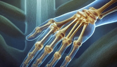 Close-up of a hand in an X-ray image showing the bone structures in detail, AI generated, AI