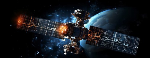A satellite orbiting the Earth. Concept of satellite communication, internet access and technology,