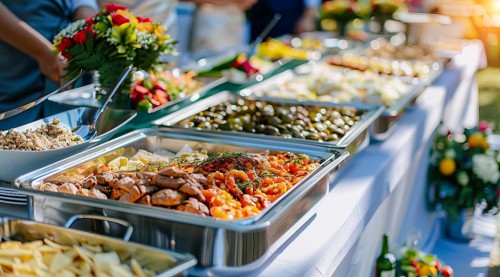 A buffet table with a variety of food, all you can eat buffet, AI generated