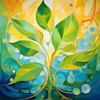 Abstract digital painting embodying sustainability with intertwining leaves glisten with water