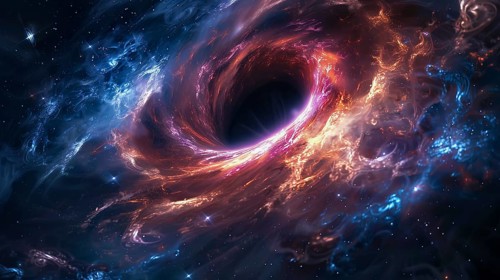 A vibrant black hole in deep space, swirling with ethereal hues of pink, purple, and blue amid a