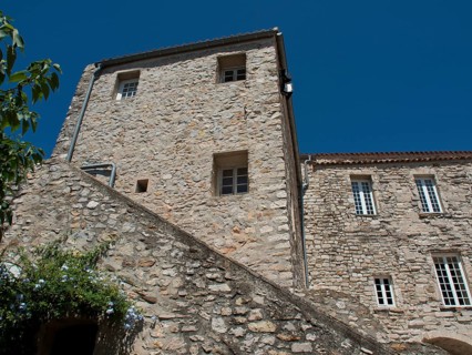 A historic building with stone walls and multiple windows under a clear blue sky, architectural