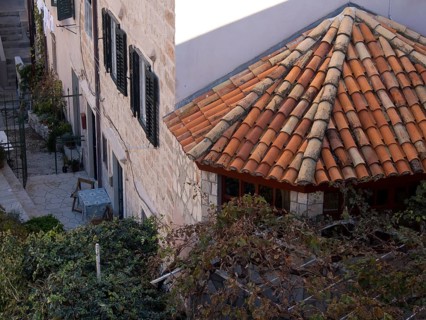 Stone buildings with tiled roofs and plants protruding into the narrow outdoor area, the old town