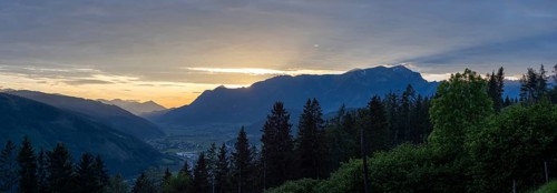 Sunset over the Eisenerz Alps, mountain massif Reiting, in the Liesingtal the village Traboch,