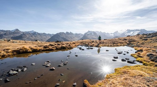 Mountaineers at a small lake on the high plateau of the Gurgler Seenplatte, glaciated mountain