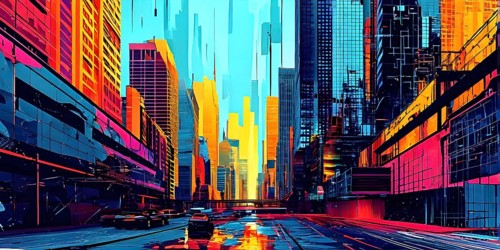 Urban cityscape collage featuring a mosaic of vibrant colors, AI generated