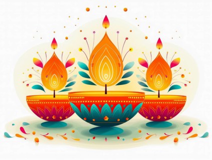 Three colorful oil lamps in detailed mandala designs with vibrant, glowing flames, AI generated
