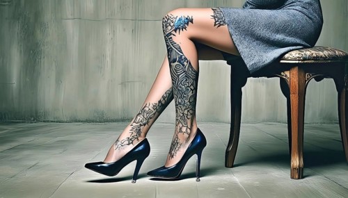 Woman sitting on a wooden chair, showing detailed tattoos on her legs in high-heeled black shoes