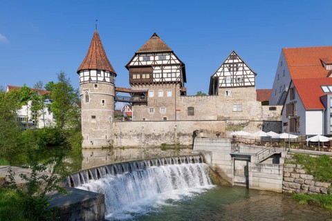 Zollernschloss Balingen on the Eyach, weir, barrage, Balingen, Baden-Wuerttemberg, Germany, Europe