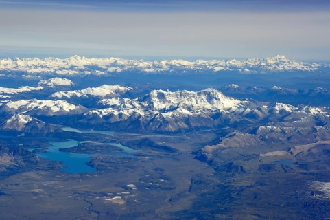 Aerial view of the snow-covered Andes of Patagonia, in the foreground Cerro San Lorenzo with Perito